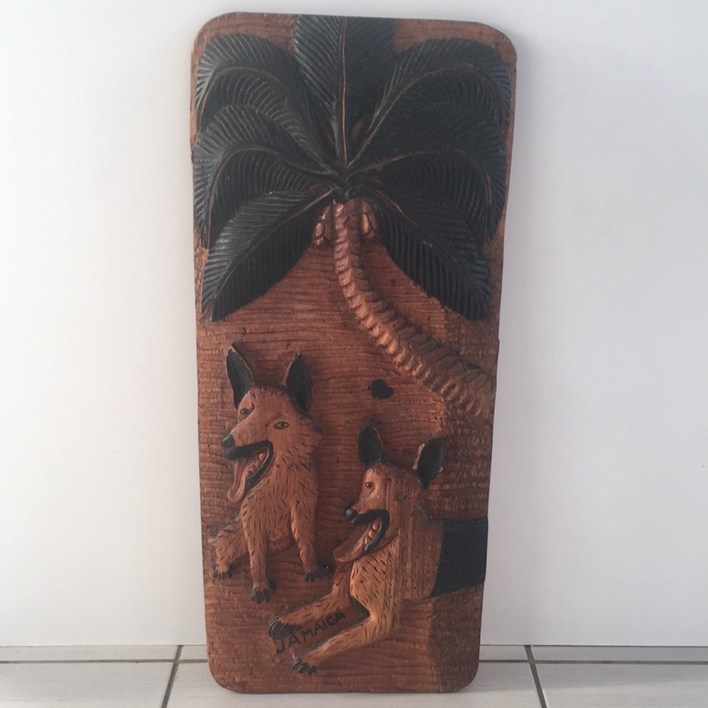 Vintage Jamaican Handmade Wood Carving Plaque Dogs Palm Tree Signed Art 22x9